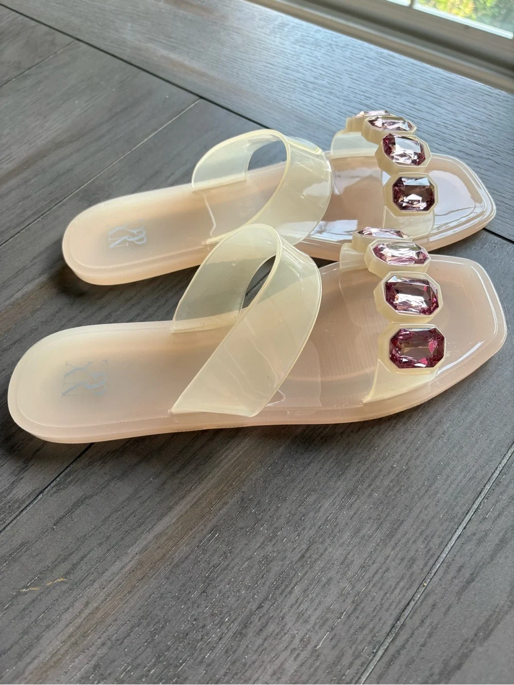 New York & Company Blush Clear Slides with Pink Gem Accents
